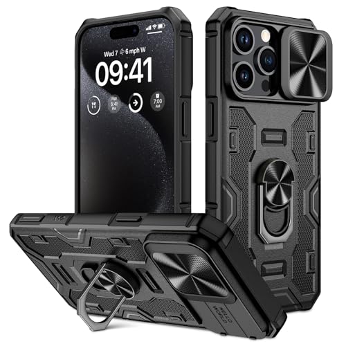 Doeshine für iPhone 15 Pro Max Hülle mit Ständer & Kameraschutz, Robuste Stoßfeste Schutzhülle mit 360 Grad Magnetisch Ring Stand, Military Shockproof Cover für iPhone 15 Pro Max 5G 2023 (Schwarz) von Doeshine