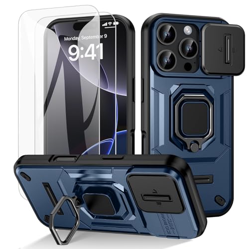 Doeshine für iPhone 16 Pro Hülle, mit 360° Ständer & Kameraschutz, Military Grade Handyhülle mit Ring Stand Multifunktion Schutzhülle Outdoor Case mit 2 Stück Schutzfolie (Blau) von Doeshine
