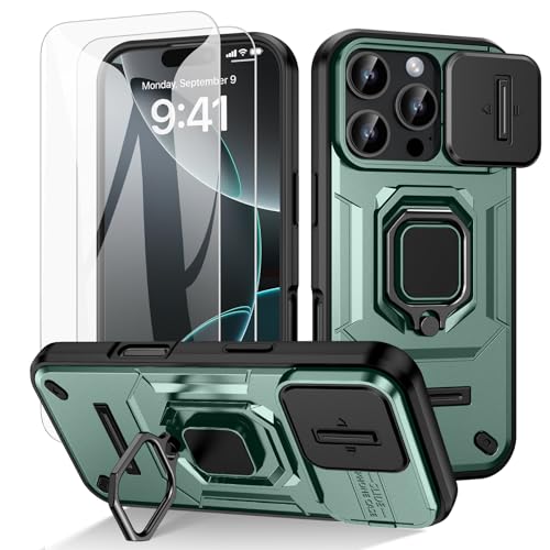 Doeshine für iPhone 16 Pro Hülle, mit 360° Ständer & Kameraschutz, Military Grade Handyhülle mit Ring Stand Multifunktion Schutzhülle Outdoor Case mit 2 Stück Schutzfolie (Grün) von Doeshine