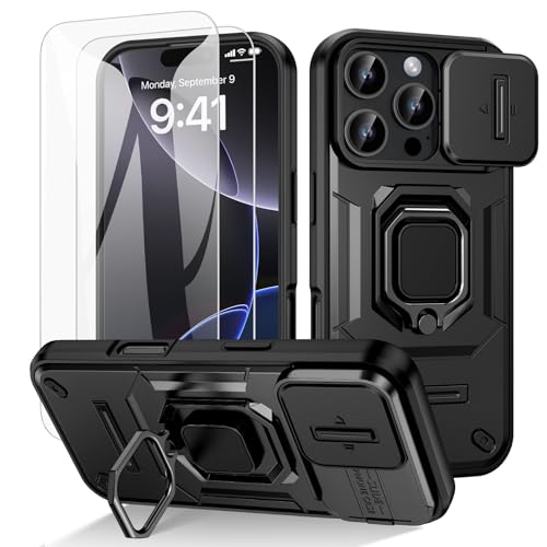 Doeshine für iPhone 16 Pro Hülle, mit 360° Ständer & Kameraschutz, Military Grade Handyhülle mit Ring Stand Multifunktion Schutzhülle Outdoor Case mit 2 Stück Schutzfolie (Schwarz) von Doeshine