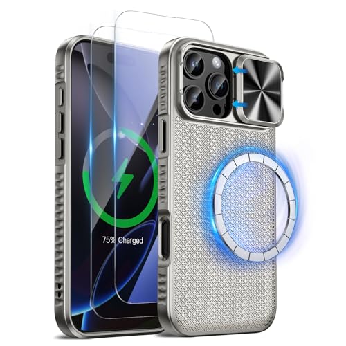 Doeshine für iPhone 16 Pro Max Hülle mit 2 Stück Displayschutzfolie & Kameraschutz, Kompatibel mit Mag-Safe, Rutschfester Textur, Militär Stoßfest Magnetisch Case für iPhone 16 Pro Max（Titan） von Doeshine