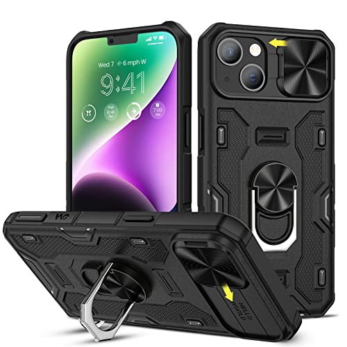 Doeshine iPhone 14 Hülle mit ständer & kameraschutz, Ganzkörper Robuste Stoßfeste Schutzhülle mit 360 Grad magnetisch Ring Stand, Military Shockproof Cover case für iPhone 14 6.1 2022 (Schwarz) von Doeshine