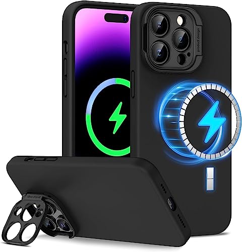 Doeshine iPhone 14 Pro Max Hülle kompatibel mit MagSafe, Soft Silikon handyhülle mit Kameraschutz Ständer, Schnellladen Magnetische Schutzhülle, Stoßfester Kratzfestem Militärschutz Case (Schwarz) von Doeshine