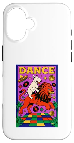 Bull Terrier reitet einen Löwentanz Bright Pop Art Hülle für iPhone 16 von Dog Pop Art Prints