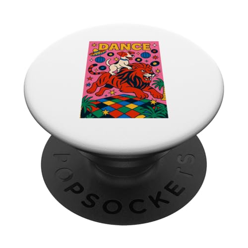 Jack Russell Terrier reitet einen Löwen Tanz, helle Pop-Art PopSockets Klebender PopGrip von Dog Pop Art Prints