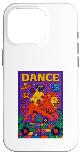 Mops reitet einen Löwen Tanz, helle Pop-Art, lustig Hülle für iPhone 16 Pro Mops reitet einen Löwen Tanz, helle Pop-Art, lustig Hülle für iPhone 16 Pro von Dog Pop Art Prints