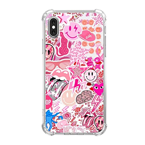 Dohakemuny Hippie Rosa Ästhetische Hülle Kompatibel mit iPhone Xs Max, Vintage Pink Smile Face Collage Hülle für iPhone Xs Max für Teenager Männer und Frauen, Coole Trendige TPU Bumper Case Cover von Dohakemuny