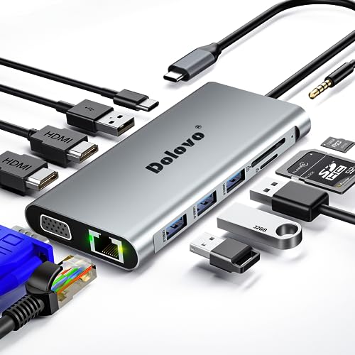 DockingStation USB C Dual HDMI 12 in 1 Triple Display Hub USB C 3.0 für MacBook Pro/Air/M1/M2,Dell/HP und mehr USB C Laptops Dock mit,VGA, Audio, Gigabit Ethernet,USB2.0, SD/TF von Dolovo