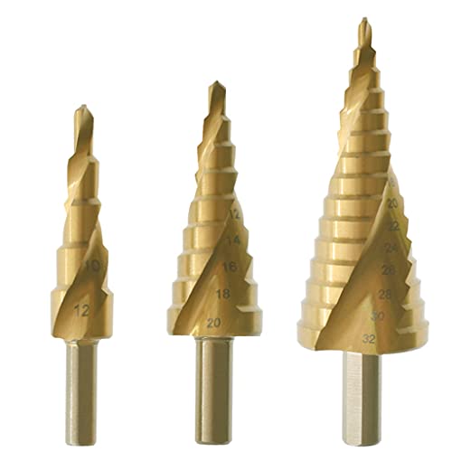 Ein Satz von 3 Hochgeschwindigkeitsstahlbohrern Titanbeschichteter Stufenbohrer für perforiertes Metall, Eisen, Aluminium, Set, goldfarben von Domasvmd