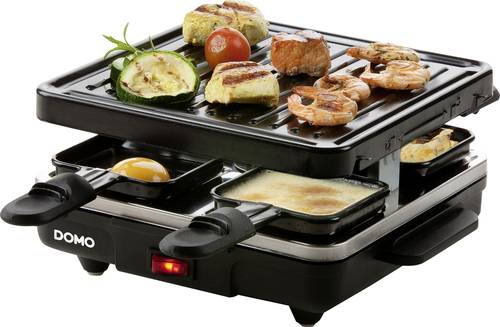 DOMO Just us DO9147G Raclette Grillfunktion, Antihaftbeschichtung, Kontrollleuchte, 4Pfännchen Schw von Domo