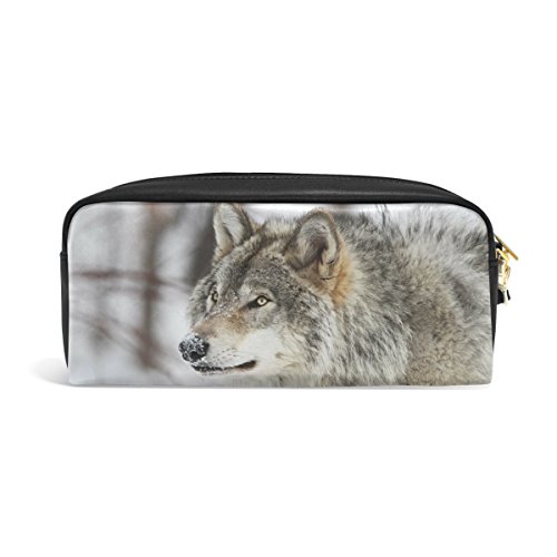 Domoko Stifteetui aus PU-Leder, Motiv: Winterwald, Landschaft, Wolf, für Make-up, Kosmetik, Reisen, Schultasche von Domoko