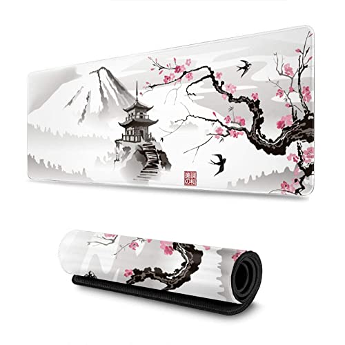 Donboly Gaming Mouse Pad Japanische Pagode und Kirschblüten Zweig übergroße Mausmatte Schreibtisch Pad maxpad xxl, genähte Kanten rutschfeste Gummi Base Mousepad (Kirschblüte, 80cmx30cm) von Donboly