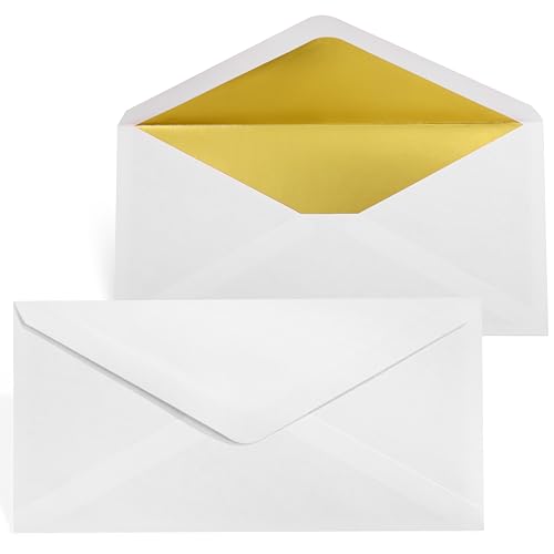 Briefumschläge DIN Lang mit Gold Innenfutter - 22 x 11 cm - Weiß - gefüttert mit Goldfolienpapier- Nassklebung - 50 Stück… von Donindis