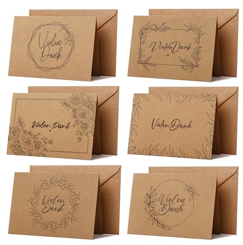Donindis 36 Dankeskarten mit Umschlägen, Vielen Dank, Kraftpapier, 6 Motive, DIN A6, Naturbraun Donindis 36 Dankeskarten mit Umschlägen, Vielen Dank, Kraftpapier, 6 Motive, DIN A6, Naturbraun von Donindis