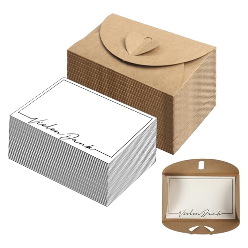 Mini Briefumschläge mit Herz Verschluss (Set, 50 Umschläge, 50 Karten, "Vielen Dank") Kraftpapier von Donindis