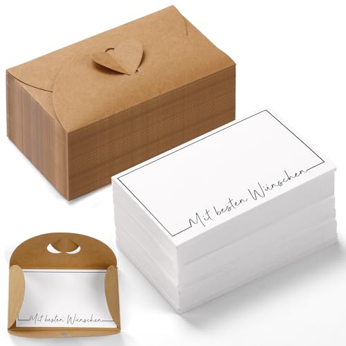 Mini Briefumschläge mit Herz Verschluss (Set, 50 Umschläge, 50 Karten " Mit besten Wünschen") Kraftpapier von Donindis