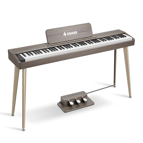 Donner 88 Tasten Digital Piano Keyboard für Anfänger, DDP-60 Electric Piano mit 88 anschlagdynamischen Tasten, 128 Stimmen, 83 Rhythmen, 8 Reverb-Effekte, inkl. 3 Piano Style Pedale, Ständer, grau von Donner