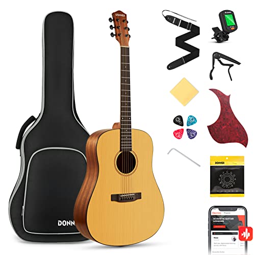 Donner Akustik Gitarre 4/4 Anfänger Erwachsene Akustikgitarre Einsteiger Kit 41 Zoll voller Größe Gitarren Starter Mahagoni Fichte mit 6 Saiten Tasche Capo Plektren Gurt von Donner