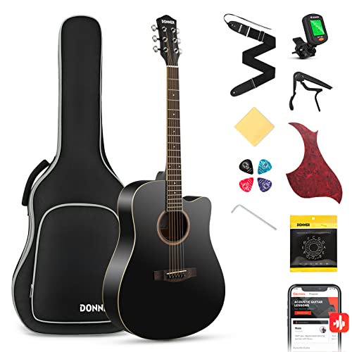 Donner Akustikgitarre Set in voller Größe Akustik Gitarre 4/4 Cutaway Anfänger Erwachsene 41 Zoll mit Gigbag Capo Plektren Gurt Saiten (Schwarz） von Donner