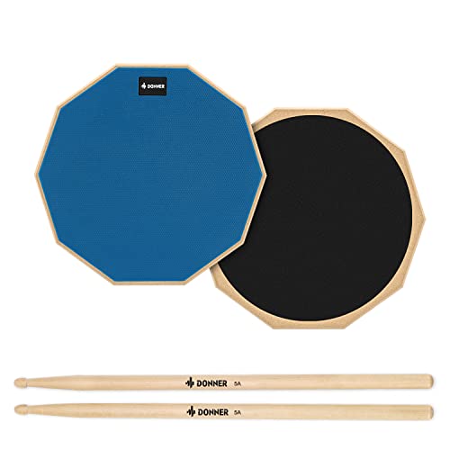 Donner Drum Practice Pad Übungspad 12 Zoll mit Drumsticks, Blau von Donner