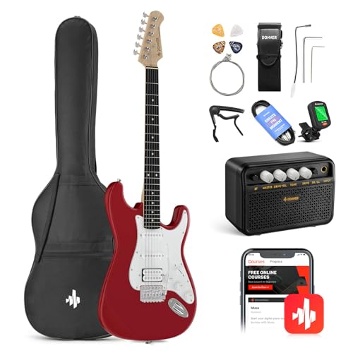 Donner E-Gitarre Set 39 Zoll mit Verstärker, Tasche, Capo, Gurt, Saiten, Tuner, Kabel und Plektren (Rot) von Donner