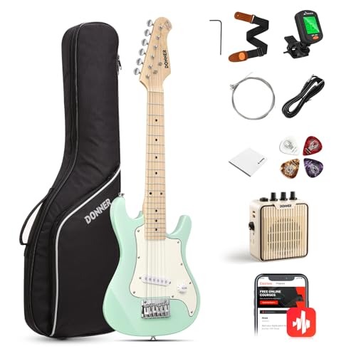 Donner E-Gitarre Set Anfänger Junior Kit ST-Stil 30 Zoll Mini Gitarren Premium Bundle mit Verstärker, Stimmgerät, Kapodaster, Tasche, Gurt, Saite, Kabel (DSJ-100, Mint-Grün) von Donner