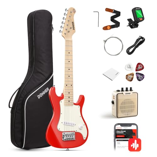 Donner E-Gitarre Set Anfänger Junior Kit ST-Stil 30 Zoll Mini Gitarren Premium Bundle mit Verstärker, Stimmgerät, Kapodaster, Tasche, Gurt, Saite, Kabel (DSJ-100, Rot) von Donner