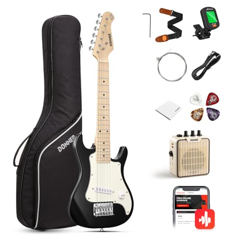 Donner E-Gitarre Set Anfänger Junior Kit ST-Stil 30 Zoll Mini Gitarren Premium Bundle mit Verstärker, Stimmgerät, Kapodaster, Tasche, Gurt, Saite, Kabel (DSJ-100, Schwarz) von Donner