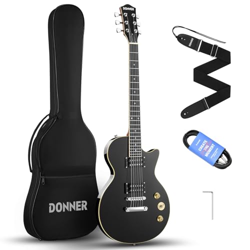 Donner E-Gitarre Set E Gitarren LP-Stil 39 Zoll Voller Größe mit Tasche, Gurt, Kabel (Schwarz) von Donner