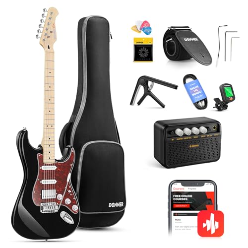 Donner E Gitarren Set, 39 Zoll E-Gitarre HSS Pickup Coil Split, DST-152B Electric Guitar mit Verstärker, Tasche, Kapodaster, Gurt, Saiten, Stimmgerät, Kabel, Plektren, Schwarz von Donner