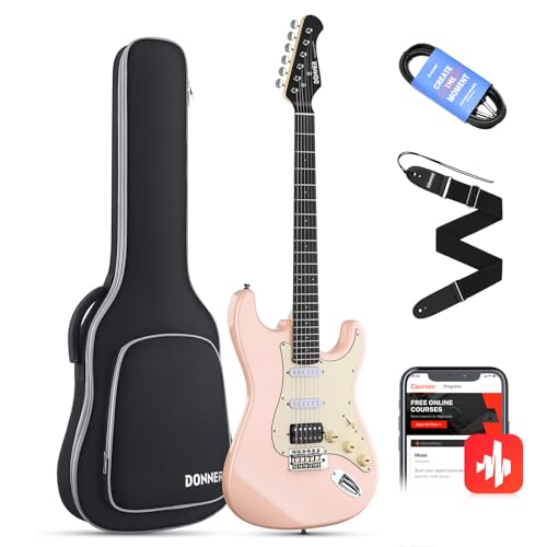 Donner E-Gitarren Set Full Size, HSS Spule Geteilte Pickups, 39 Zoll Solid Body ST Gitarre Anfänger Set mit Tasche, Gurt, Kabel (Designer Series, Retro-Rosa) von Donner