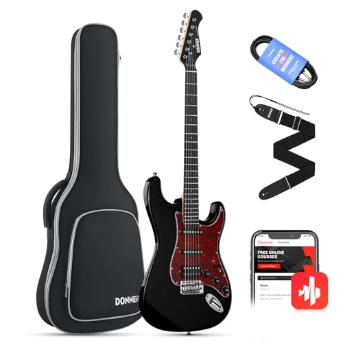 Donner E-Gitarren Set Full Size, HSS Spule Geteilte Pickups, 39 Zoll Solid Body ST Gitarre Anfänger Set mit Tasche, Gurt, Kabel (Designer Series, Ritter-Schwarz) von Donner