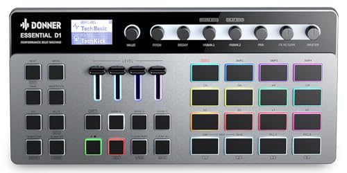 Donner Essential D1 Finger Drum Machine & Step Sequence kombiniert, mit farbcodiertem UI, 12 Sample-Spuren, 16 RGB Beat Pads, 64 Preset Beat Patterns, 5 Endlosregler, Reverb & Delay Effekte Donner Essential D1 Finger Drum Machine & Step Sequence kombiniert, mit farbcodiertem UI, 12 Sample-Spuren, 16 RGB Beat Pads, 64 Preset Beat Patterns, 5 Endlosregler, Reverb & Delay Effekte von Donner