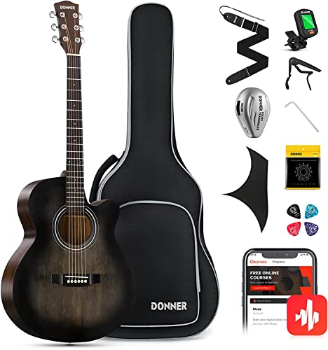 Donner Gitarre Akustik Anfänger Erwachsene Einsteiger Akustikgitarre 4/4 Mini Jumbo Cutaway Gitarren mit Tonabnehmer 6 Stahlsaiten Tasche Capo Plektren Gurt (Schwarz) von Donner