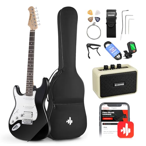 Donner Linkshänder E-Gitarre Set Anfänger Full-Size Schwarz 39 Zoll Lefty Starter Paket mit allem Zubehör Verstärker Kapodaster Gurt Saite Stimmgerät Kabel und Plektren DST-100BL von Donner