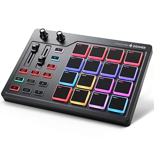 Donner MIDI Pad Controller Keyboard USB Typ-C, Professionelle Drum Pad Maschine Beat Maker mit 16 Pads, MIDI out, 2 zuweisbare Fader und Knöpfe (STARRYPAD MINI, Schwarz) von Donner