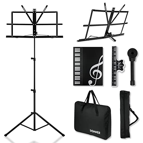 Donner Notenständer 2-in-1-Dual-Use Tisch Bücherständer DMS-2 Tragbarer zusammenklappbarer leichter Ständer Notenhalter für Gitarre, Ukulele, Violine Schwarz mit Tasche von Donner