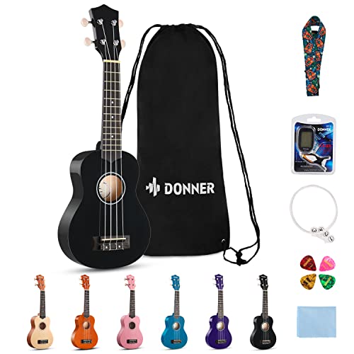 Donner Ukulele für Anfänger Sopran Ukulele 21 Zoll Schwarz Starter Kit mit Nylon Saiten Hawaii Gitarre von Donner