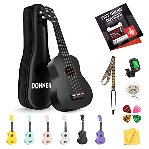Donner Sopran Ukulele Kit für Anfänger - DMU-01 Macaron Series 21 Zoll Hawaii Gitarre Mit Mattem Finish (Dunkles Schwarz) von Donner
