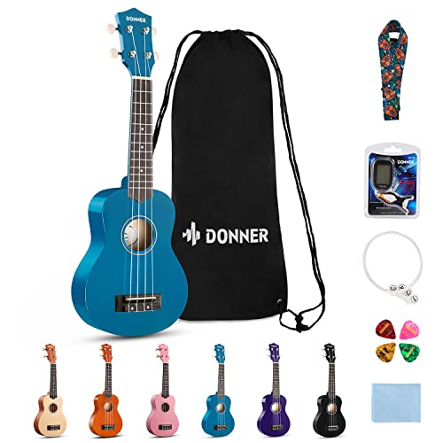 Donner Ukulele für Anfänger Sopran Ukulele Kit 21 Zoll Blau mit Nylon Saiten Hawaii Gitarre von Donner