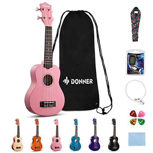 Donner Ukulele für Anfänger Sopran Ukulele Kit 21 Zoll Pink mit Nylon Saiten Hawaii Gitarre von Donner