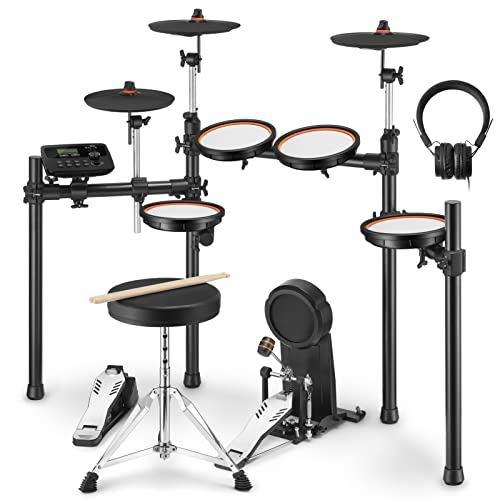 E-Drum-Kit für Erwachsene, Donner DED-100 E-Drum-Set Anfänger in voller Größe mit 425 Sounds, Twin-Pedal-Kompatibilität, Kopfhörer/Stick/Drum-Thron inklusive und 40 Melodik-Lektionen von Donner