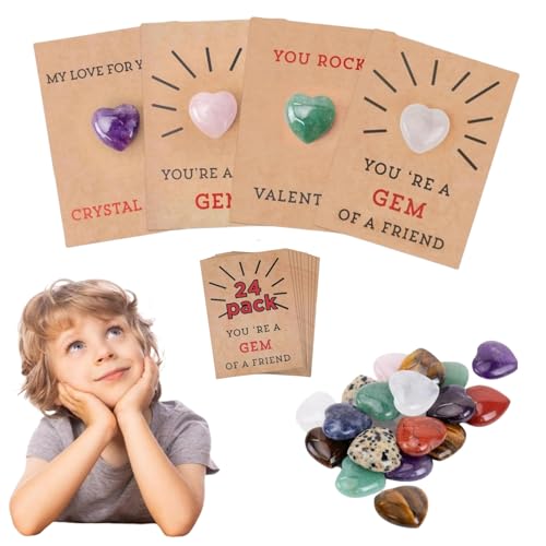 Donubiiu 24 Pack Valentines Cards With Heart-Shape Crystal Stones, Valentines Day Gifts For Kids, Valentines Gift Cards For Kids School Class Classroom (1set) von Donubiiu