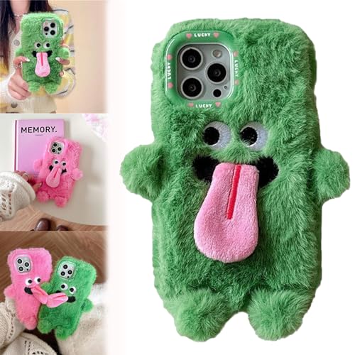 Donubiiu Funny Tongue Sticking Out Plush Mobile Phone Case for iPhone, Couple Case Cute, Warm Spoof Tongue Interactive Monster Fur Cover (for iPhone 12,Green) von Donubiiu