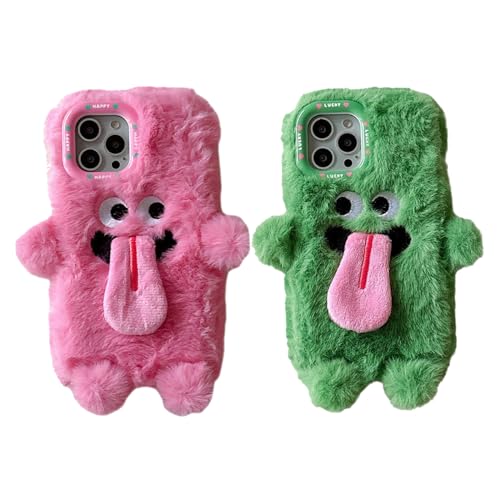 Donubiiu Funny Tongue Sticking Out Plush Mobile Phone Case for iPhone,Couple Case Cute,Winter Handmade Hair Plush Protective Case for iPhone (iPhone 15,2pcs) von Donubiiu