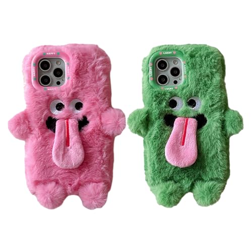 Donubiiu Funny Tongue Sticking Out Plush Mobile Phone Case for iPhone,Couple Case Cute,Winter Handmade Hair Plush Protective Case for iPhone (iPhone 15 pro,2pcs) von Donubiiu