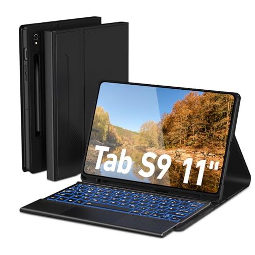 Doohoeek Beleuchtete Tastatur Hülle für Samsung Galaxy Tab S9 11“2023, Bluetooth QWERTZ Tastatur mit Touchpad, Tab S9 Tastatur mit 7 Farbige Hintergrundbeleuchtung, Schwarz von Doohoeek