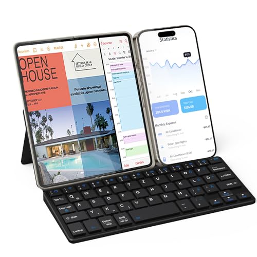 Doohoeek Tragbare Mini Tastatur für iPhone, iPad, Android Tablet, Dual-Bluetooth-Universelle Tastatur mit frei schwenkbarem Ständer für Android, Windows und iOS von Doohoeek