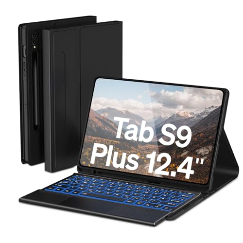 Doohoeek Twill- Tastatur Hülle mit Trackpad für Samsung Galaxy Tab S9 Plus 12.4 Inch (SM-X810/X816B/X818U), Bluetooth QWERTZ Tastatur & 7 Farbige Hintergrundbeleuchtung, Schwarz von Doohoeek