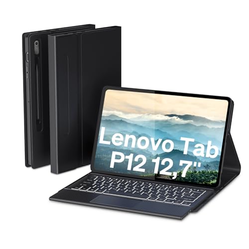 DoohowCase Hülle mit Tastatur für Lenovo Tab P12 12.7 Zoll 2023, Bluetooth QWERTZ Tastatur mit 7 Farbige Beleuchtung für Lenovo Tab P12 12.7 Zoll 2023", Schwarz von DoohowCase